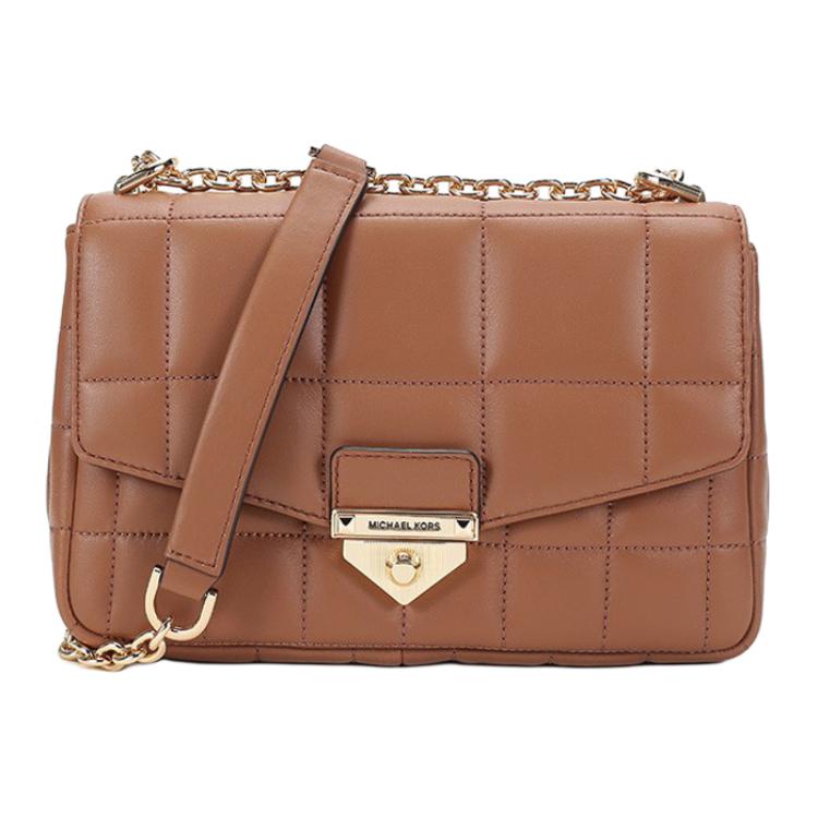 Michael Kors MK Soho Сумка через плечо с клапаном и золотой пряжкой Элегантная однотонная сумка на плечо из натуральной кожи ягненка Сумка-кроссбоди Большая женская сумка Карамельно-коричневая 30F0G1SL3L-230