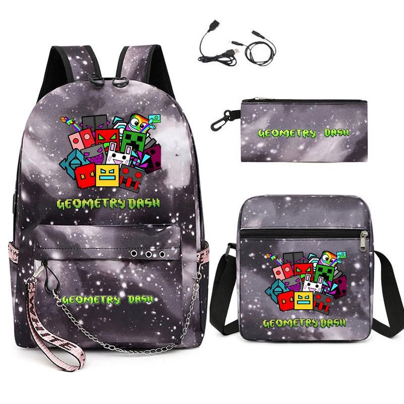 Geometry Dash Inspired School Backpack Set Teens Canvas Bookbag Pencil Case Shoulder Bag Unisex Lightweight Water-Resistant