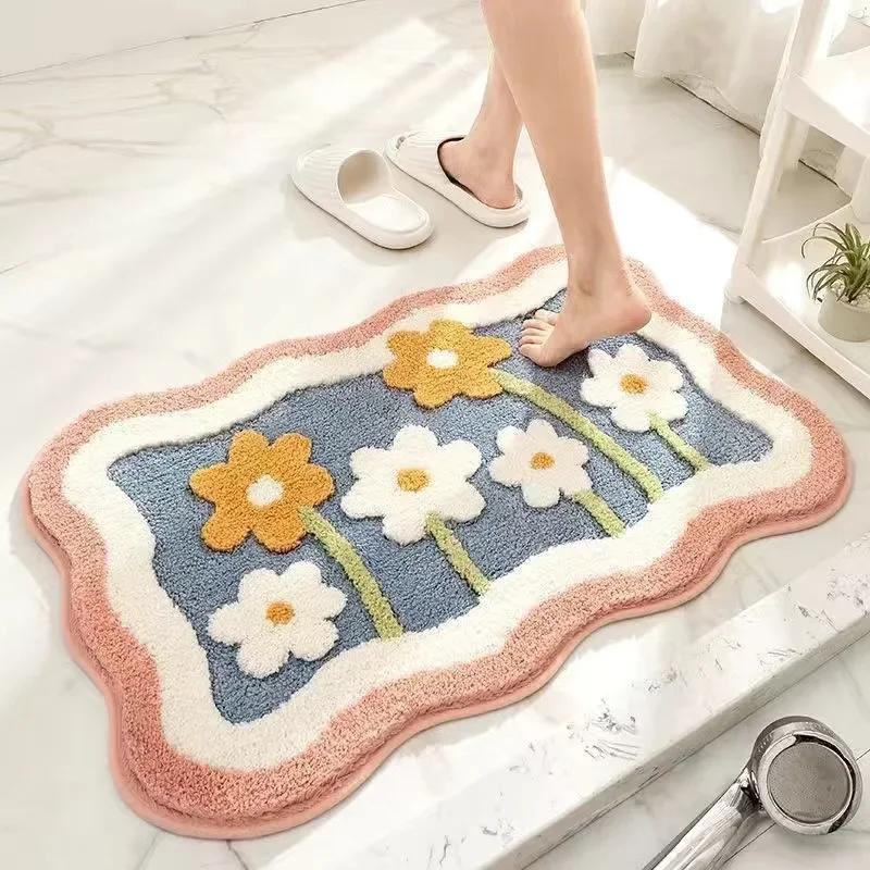 VIKAMA | Fresh Floral Imitation Cashmere Rug - Non-Slip, Absorbent Bathroom Mat/Living Room Doormat/Multi-Purpose Foot Mat