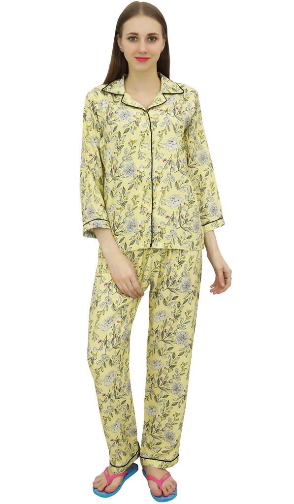 Bimba Button-Down Yellow Shirt Pajama Pant 2 Pcs Floral Print Night Wear