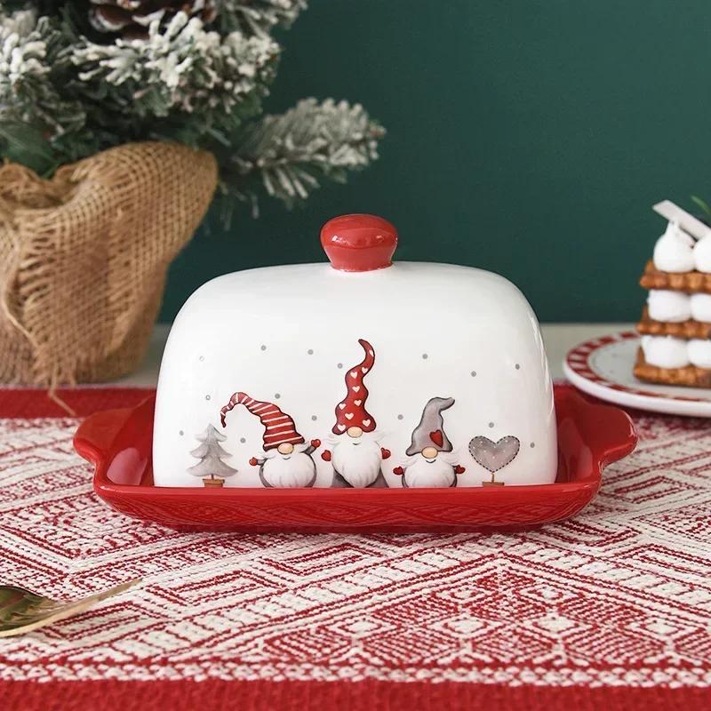 Christmas Elk Santa Claus Pattern  Butter Dish with Lid Nordic Style Sweets Cakes Desserts Cheese Plate Butter Container Dishes
