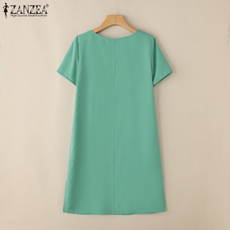 ZANZEA Женское повседневное свободное летнее платье с V-образным вырезом и коротким рукавом с вышивкой