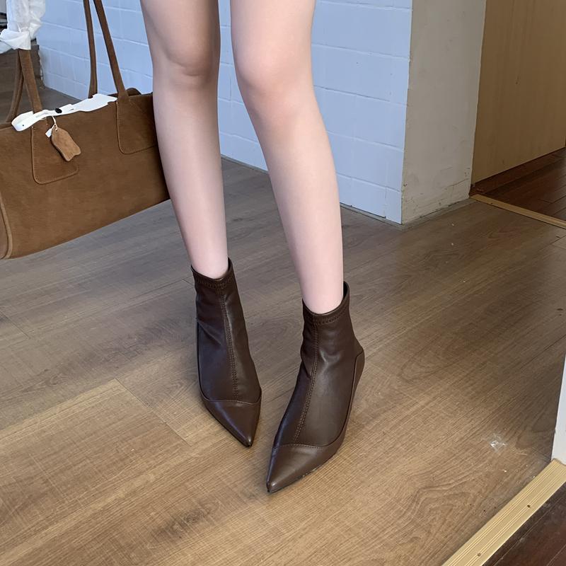SUOJIALUN Новый бренд Женские ботильоны Модные Острый носок Слипоны Женские Элегантные Короткие ботинки Обувь Тонкий Низкий каблук Платье Лодочки