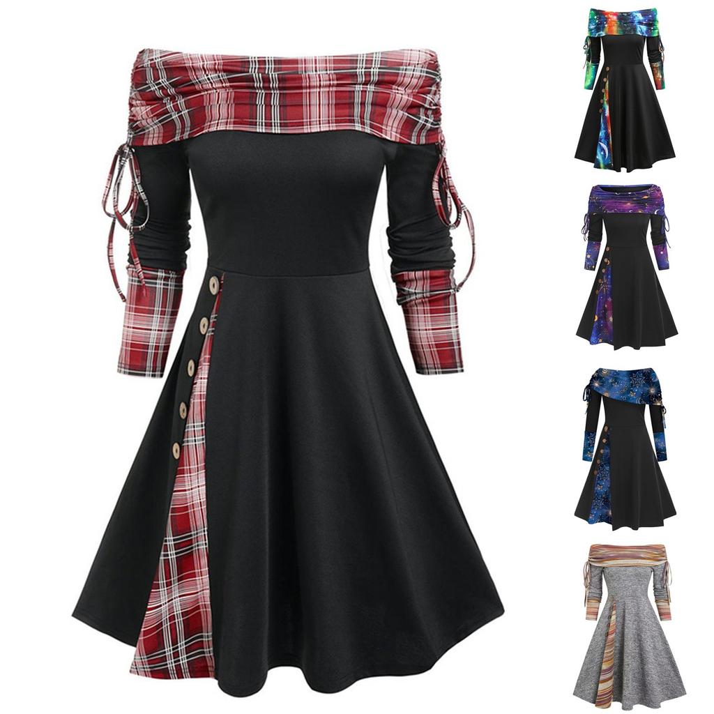 Женское модное повседневное платье трапециевидной формы с широкими талией и открытыми плечами с длинными рукавами