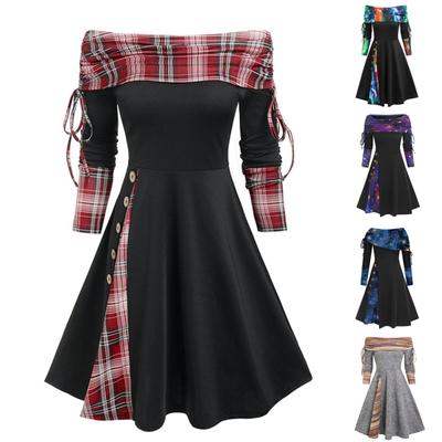 Женское модное повседневное платье трапециевидной формы с широкими талией и открытыми плечами с длинными рукавами