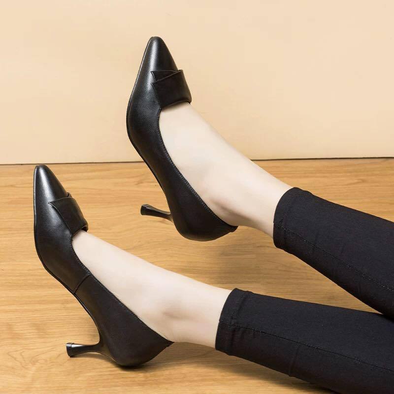 Туфли из натуральной кожи женские туфли-лодочки с острым носком на высоком каблуке модные черные рабочие туфли женские туфли для вечеринок большие размеры 33-40