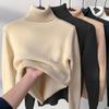 Women Knitting Tops High Collar Long Sleeve Solid Color Warm Fleece Lining Pullover Tops Slim Fit Thickened Knitwear Daily Wear