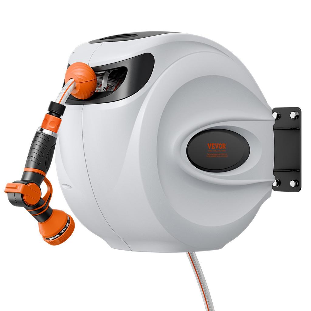 VEVOR Retractable Garden Hose Reel, 1/2" x 131.23 ft Wall Mounted Hose Reel, Heavy Duty Garden Hose Reel with 9 Patterns Nozzle, Any Length Lock