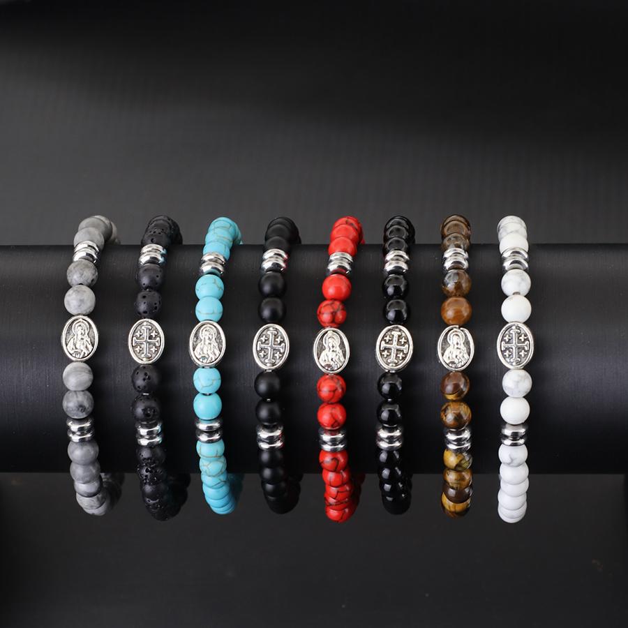 Fashion Men Natural Stone Handmade Bracelet Oval Cross Hematite Tiger Eye Stone Brass Braslet Meditation Wrap Hand Jewelry