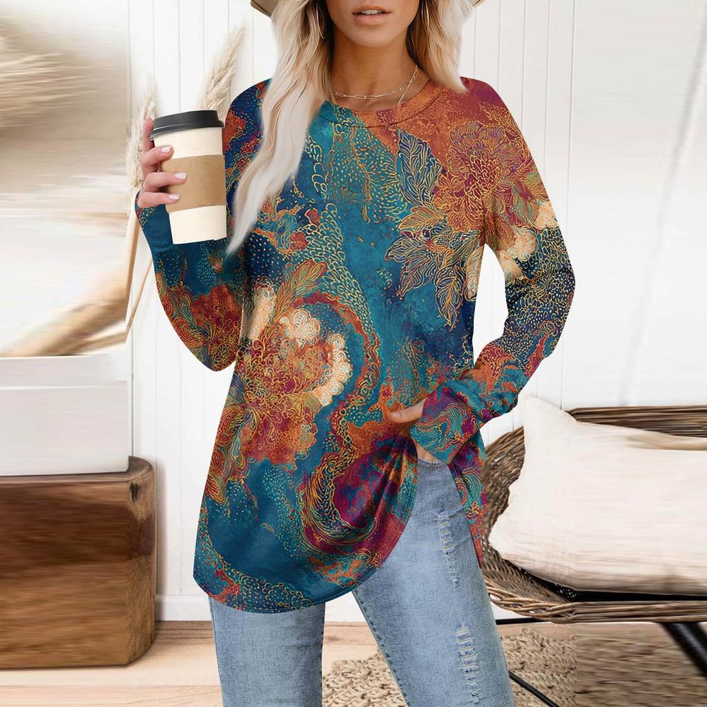 Womens Oversized Sweatshirt Graphic Sweater Long Sleeve Drop Shoulder Round Shirt Tops Vintage Clothes