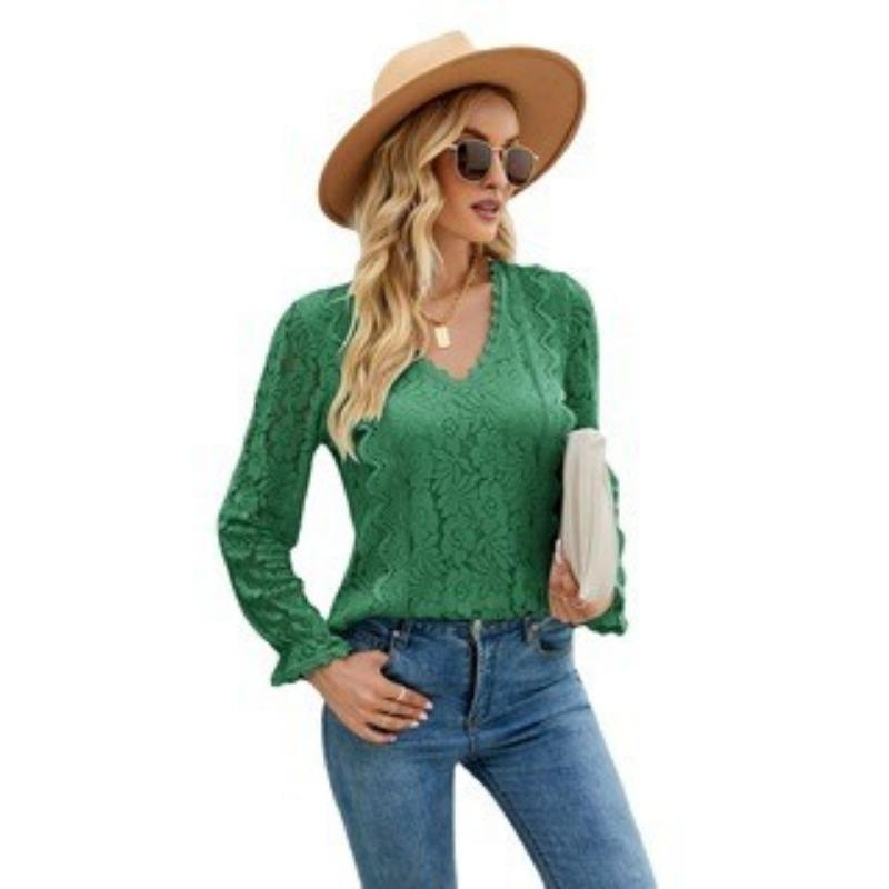 Весенне-осенняя женская блузка с длинными рукавами, однотонная, с ажурным кружевом, сексуальный трикотажный топ