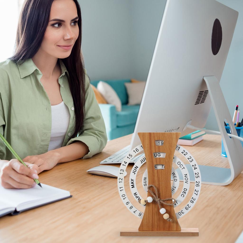 Wooden Perpetual Calendar Disc Stand Manual Rotating Turntable Calendar Month Week Date Display Home Office Desktop Decoration