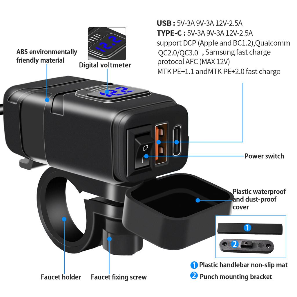 Motorcycle Phone Charger, USB Type C Quick Charge 3.0 Motorcycle USB Charger with Voltmeter ON/Off Switch for Phone Tablet 7/8inch Handlebar