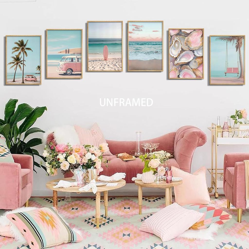 6Pcs Pink Coastal Beachy Wall Art Coastal Granddaughter Ocean Preppy Room Wall Decor Beach Aesthetic Paintings Pictures Posters Prints Artwork for
