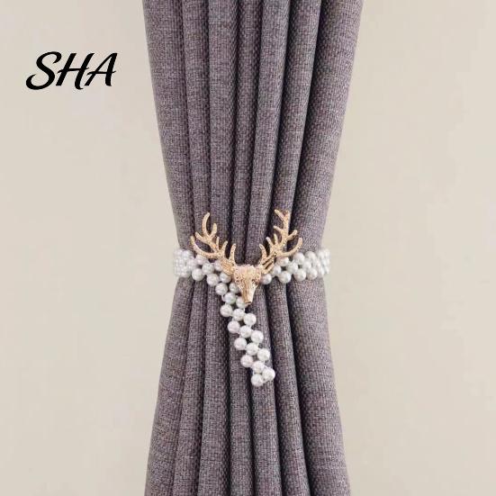 Stretchable Curtain Tiebacks Deer Head Tieback, Faux Pearl Beaded Stretch Holder, for Drapes Adjustable Holdback Bedroom Living Room Window Door Gauze