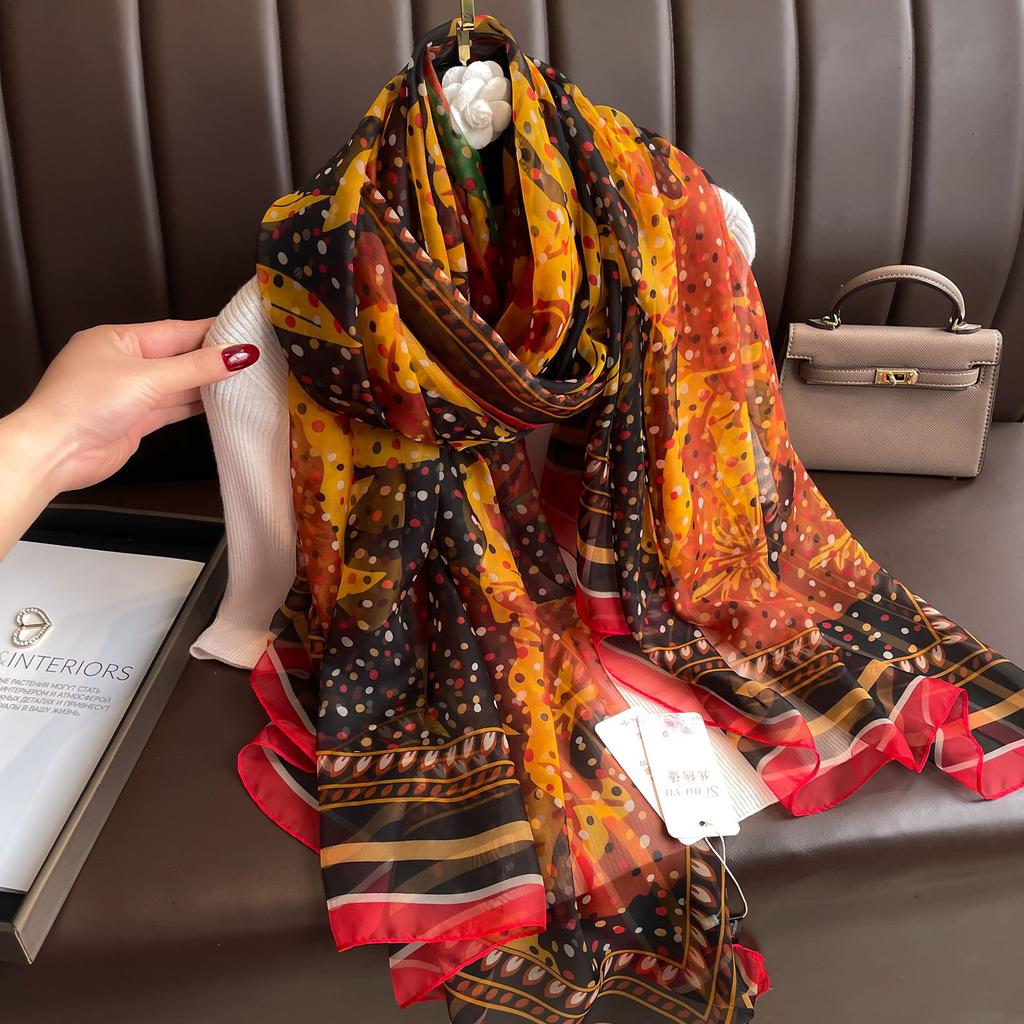 Silk Scarf for Women In Spring Autumn and Winter Middle-aged and Elderly Mothers Warm and Versatile Super Large Scarf Literary Style Travel Scarf