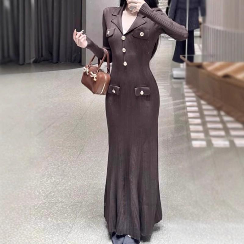 Elegant Brown Knit Wrap Dress With Turn-Down Collar High Waist Slim Fit Long Sleeve Office Chic Womens Midi