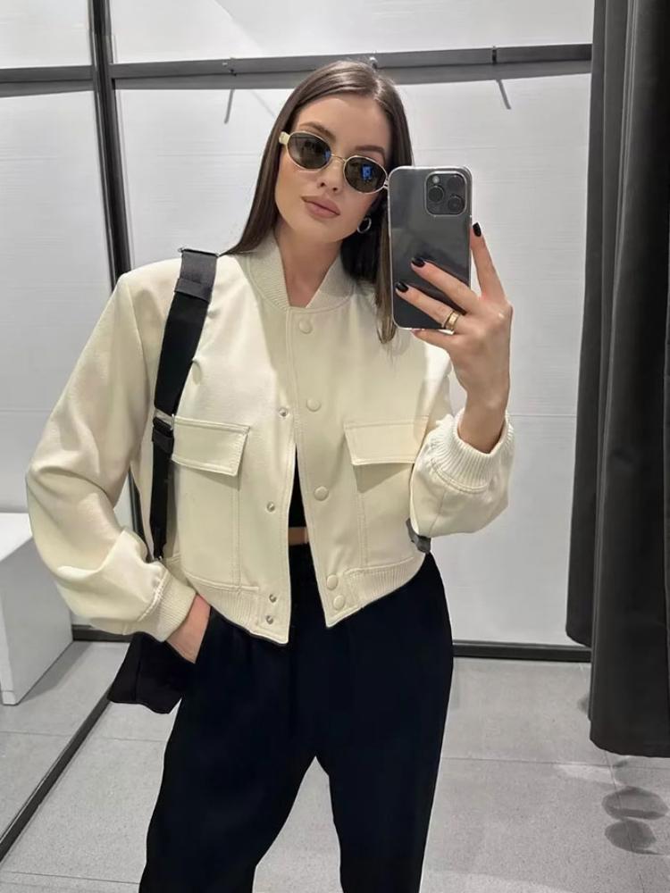 2024 элегантная однотонная уличная куртка женская с длинным рукавом на пуговицах тонкое укороченное пальто женские карманы дизайн повседневные шикарные топы новые