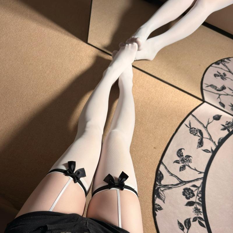 Thigh Socks Long Socks Sexy Hottie Stockings Thin Black Silk Bow Over The Knee Socks Lace Integrated Suspenders