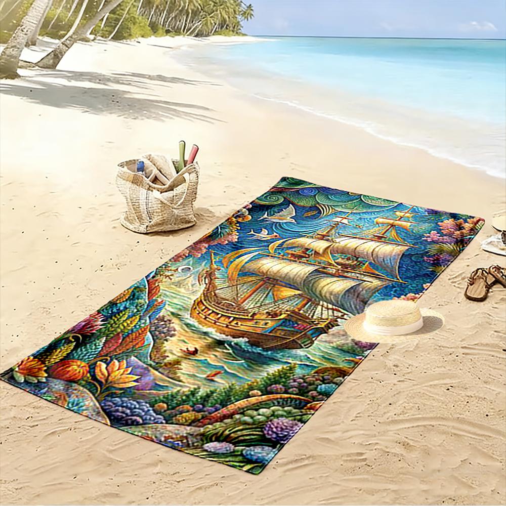 Colorful Sailing Ship and Ocean Design Beach towel quick-drying for travel outdoor sports jogging beach and swimming