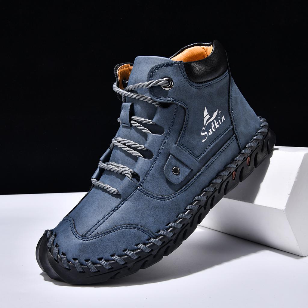 Hand Stitching Leather Shoes Outdoor Men Boots Autumn Retro Breathable Casual Shoes Non-Slip Lace Up Ankle Work Boots Winter