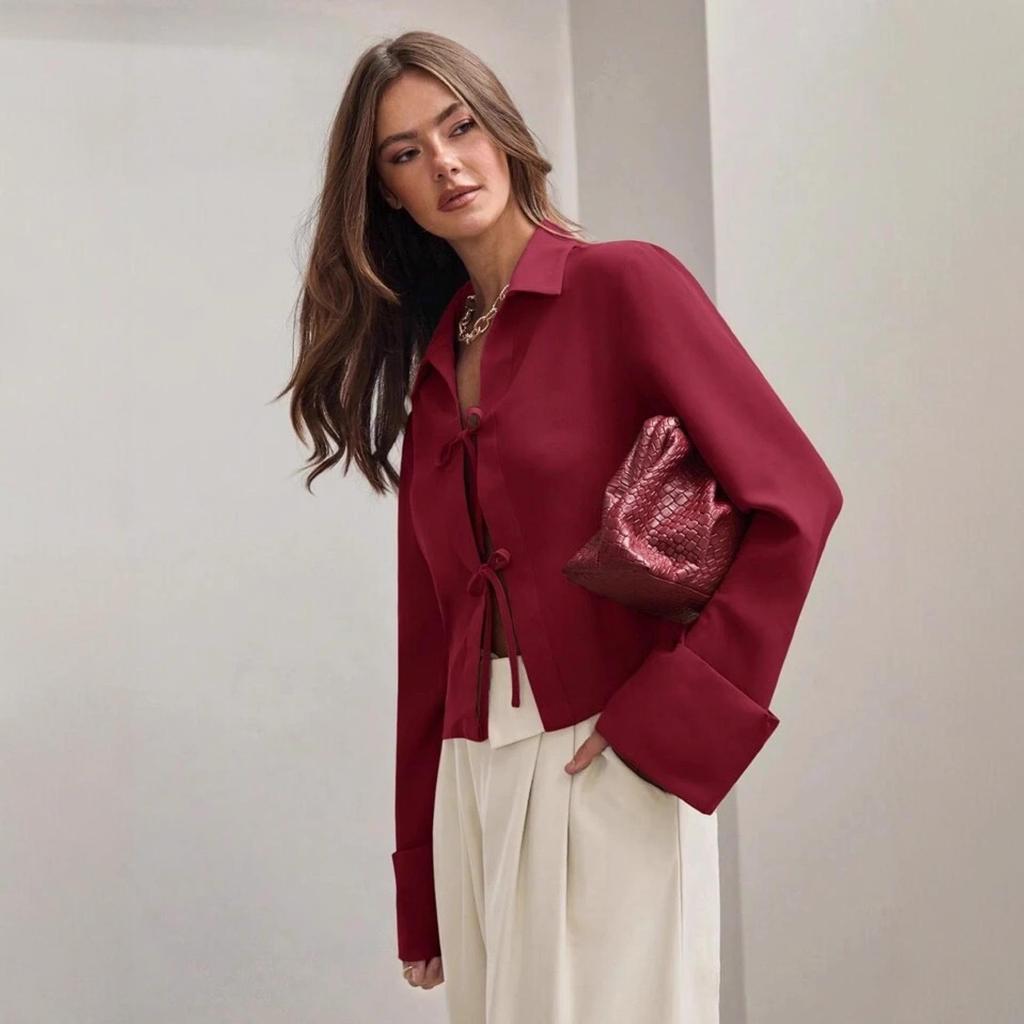 Женская весенне-летняя рубашка-кардиган с длинным рукавом и завязками-бантами, 2025