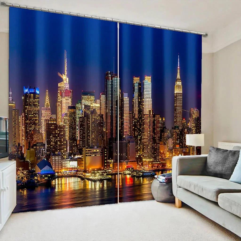 3D Город Ночная Сцена Современная Городская Архитектура Оконные Шторы Жалюзи Для Гостиной Спальни Ванной Кухни Двери Домашнего Декора2 Шт.