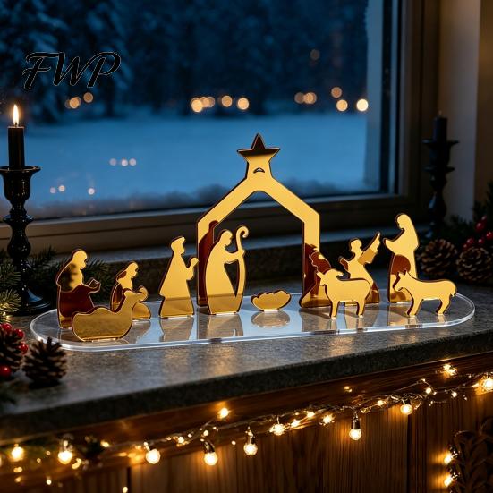 Christmas Tabletop Decorations Acrylic Ornament, Mirrored Golden Silhouette Scene, Decorative Living Room Table Decor Desktop Display for Holiday