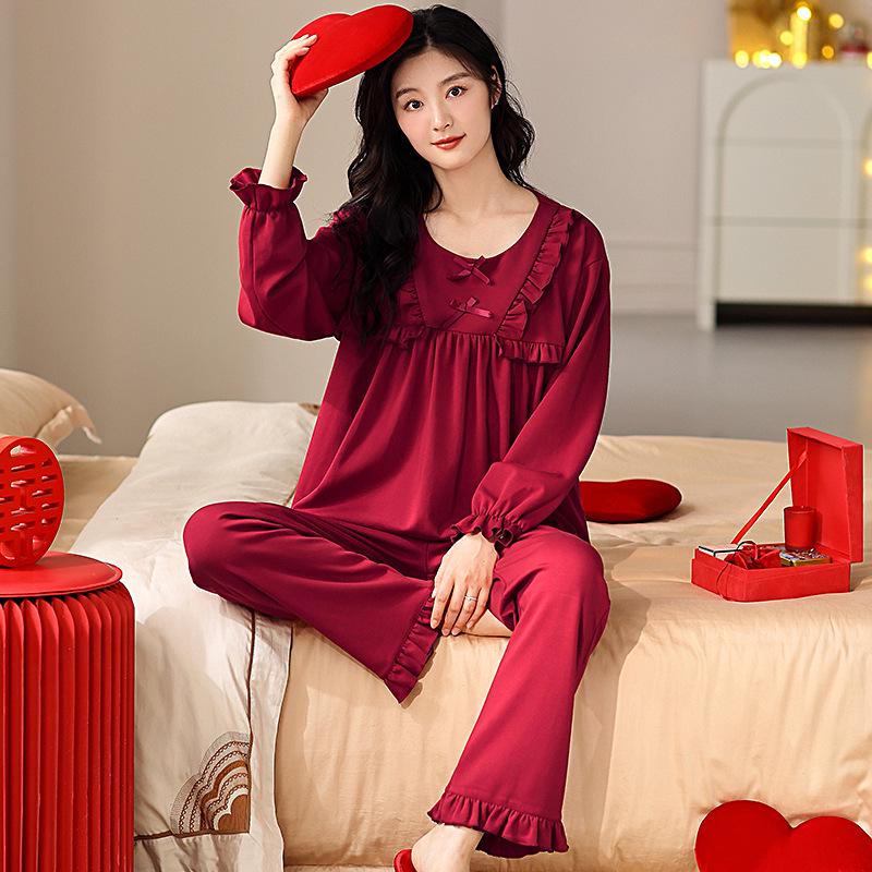 Красный комплект пижамы для молодоженов: Мужская и женская хлопковая длинная одежда для дома в свадебном стиле для весны и осени