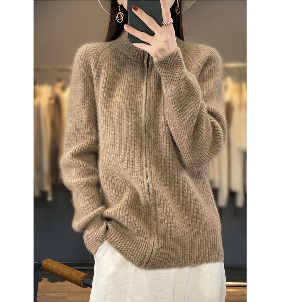 Autumn High Neck Zipper Knitted Cardigan Women's Wool Zipper Cardigan Padded Shoulder Stand Collar Women's Cashmere Knitted Coat Lapel Sweater