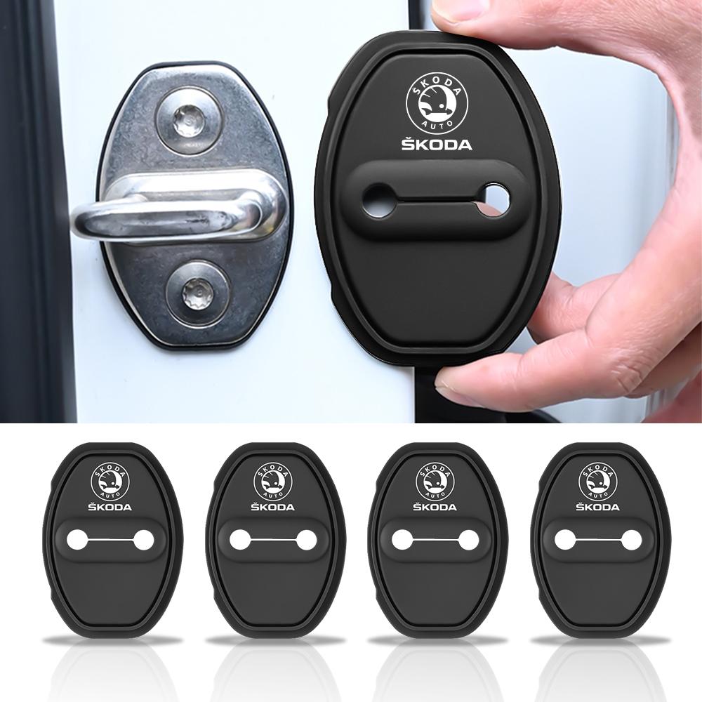 AWJQ6 4Pcs Car Silicone Door Lock Cover Protective Cap Accessorie For Skoda Kodiaq Octavia Fabia Karoq Enyaq Kamiq Superb Scala Rapid
