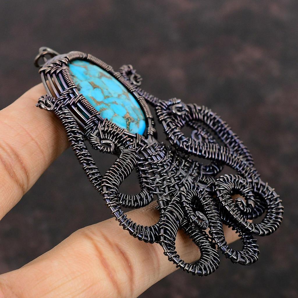 Медный голубой бирюзовый кулон, медная проволока, обернутая кулоном, осьминогом, драгоценным камнем, медные украшения ручной работы, кулон с камнем по дате рождения, подарок для женщин