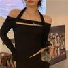 WTEMPO Korean Style Solid Slash Neck Tops Girl's Irregular Long Sleeve Hollow Out Halter Slim Shirts Streetwear