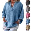 Women's Casual Solid Color V-neck Cotton Linen Long-sleeved Pullover Blouse