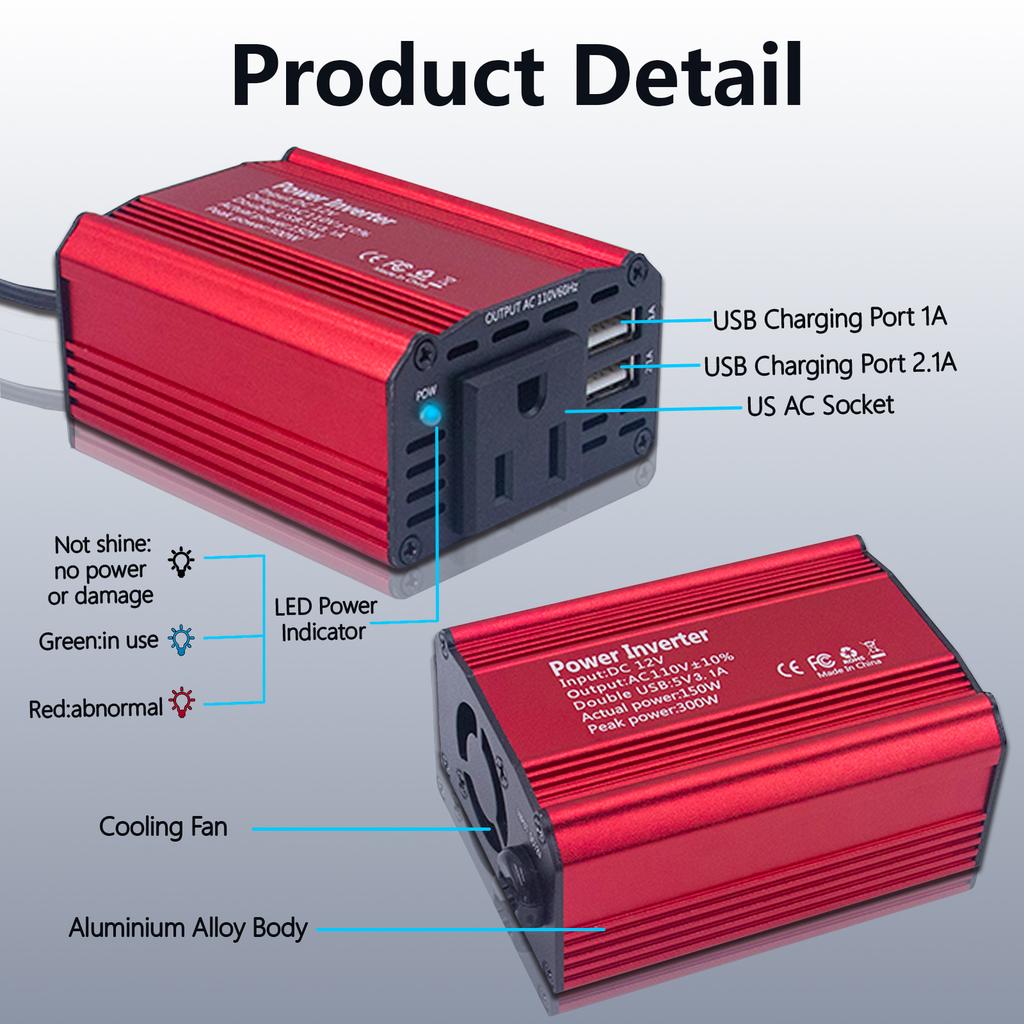 Car Inverter 150W DC 12V to AC 110V Power Converter Automatic Transformer with US Socket Dual USB Car Inverter Adapter Dropship
