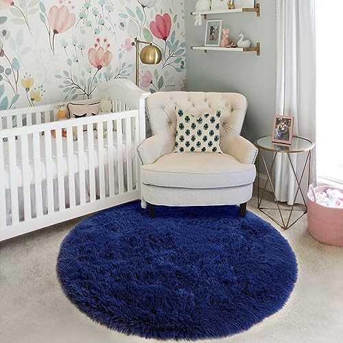 Blue Round Rug for Kids Room, Bedroom, Living Room, Washable Fluffy Shaggy Area Rug, Aesthetic Decor, 120cm