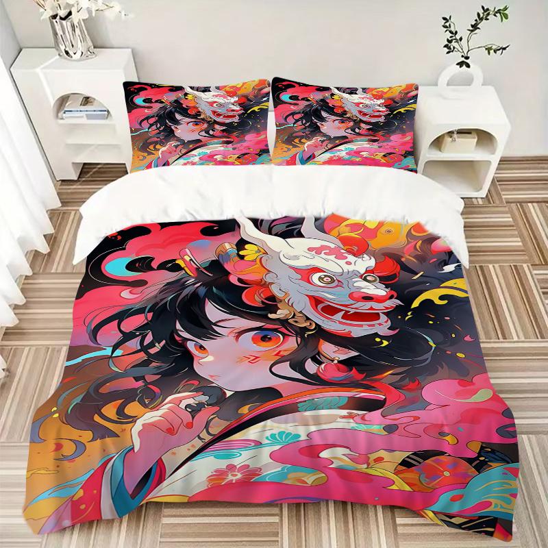 3pcs Whimsical Dragon Mask Quilt Set Cartoon Themed Bed Quilt Set Lovely Character Bedroom Decor Bed Quilt Set Four Seasons (1 Cover + 2Pillowcas