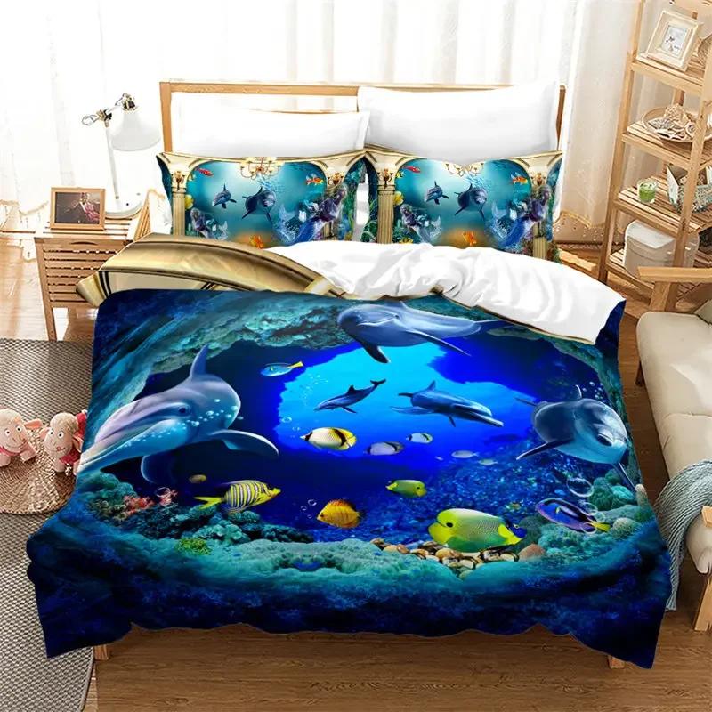 Kids Cartoon Ocean Fish Duvet Cover Microfiber Marine Theme Bedding Set Sea Underwater World Quilt Cover Queen For Boys Girls