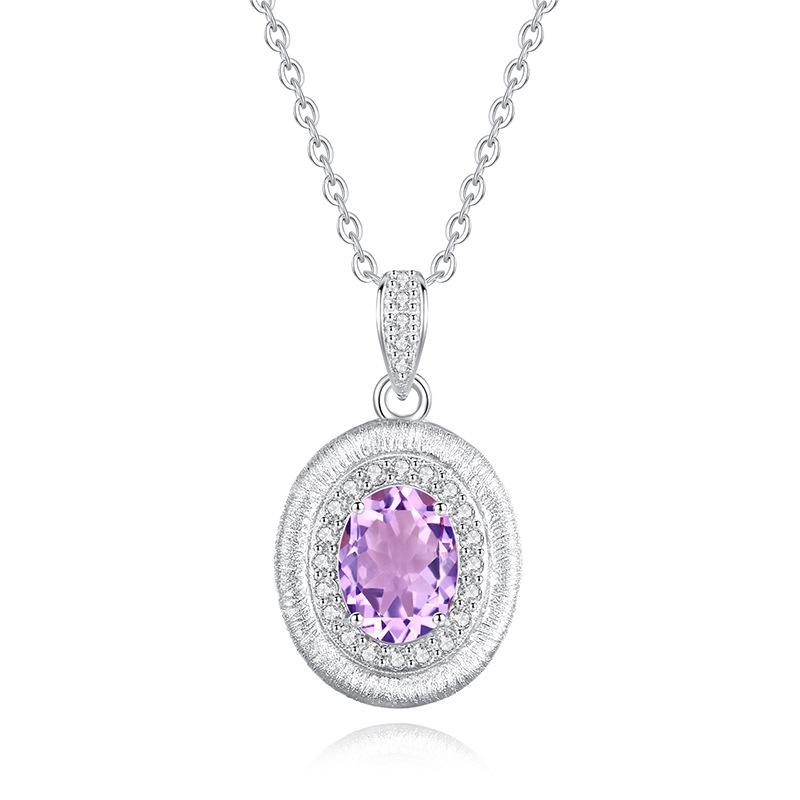 S925 Sterling Silver Necklace, Female Oval Natural Crystal Stone Pendant, High-end Drawing Craftsmanship, Niche Light Luxury Collarbone Chain