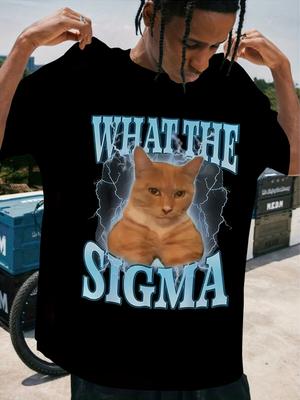 1 шт. Графическая футболка с мемом кота "What The Sigma" Унисекс с круглым вырезом Повседневная всесезонная трикотажная ткань с легким стрейчем Стандартный крой