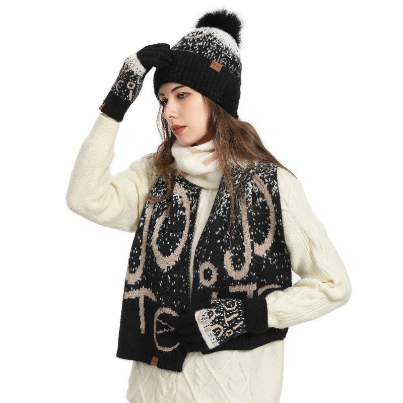 Winter Knitted Women's Jacquard Thickened Imitation Mink Scarf, Hat and Gloves Three-piece Set