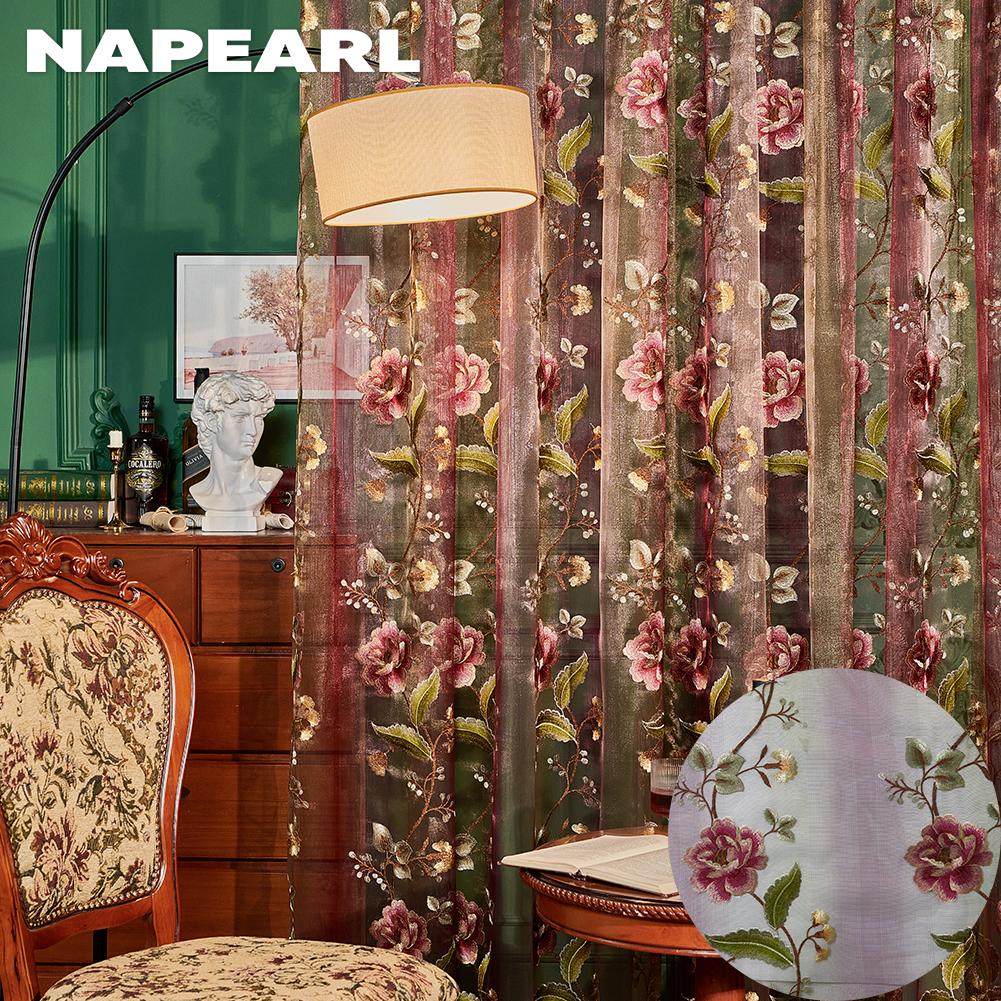 1PC NAPEARL 10-20% European Style Retro Light Luxury Embroidered Translucent Thin Sheer Curtain for Living Room Bedroom Home Decor