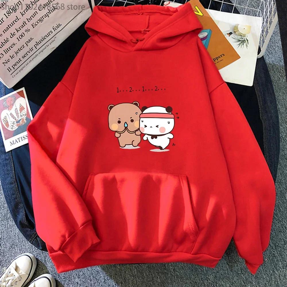 Женская толстовка Kawaii с пандой, милая парная толстовка Bubu и Dudu занимаются спортом, топы для девочек, длинный рукав, карманная одежда
