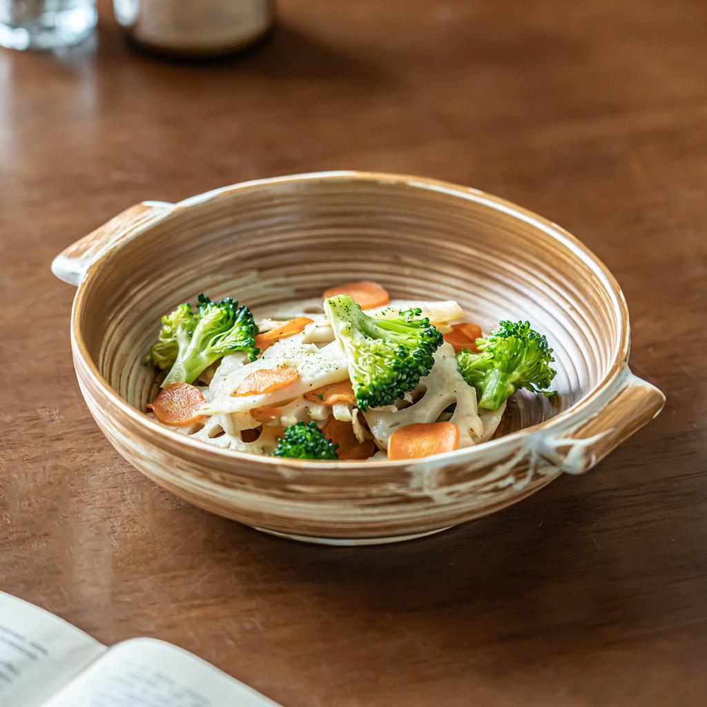 Coarse Pottery Binaural Bowl Retro Ceramic Tableware Household Salad Bowl Vegetable Bowl Restaurant Beautiful Western Food Bowl