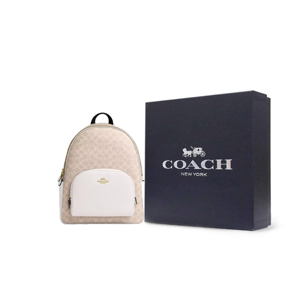 Coach Рюкзак Court 33 с логотипом, двойной молнией, из покрытого холста и кожи, большой женский рюкзак, бежевый CZ175-IMXDM