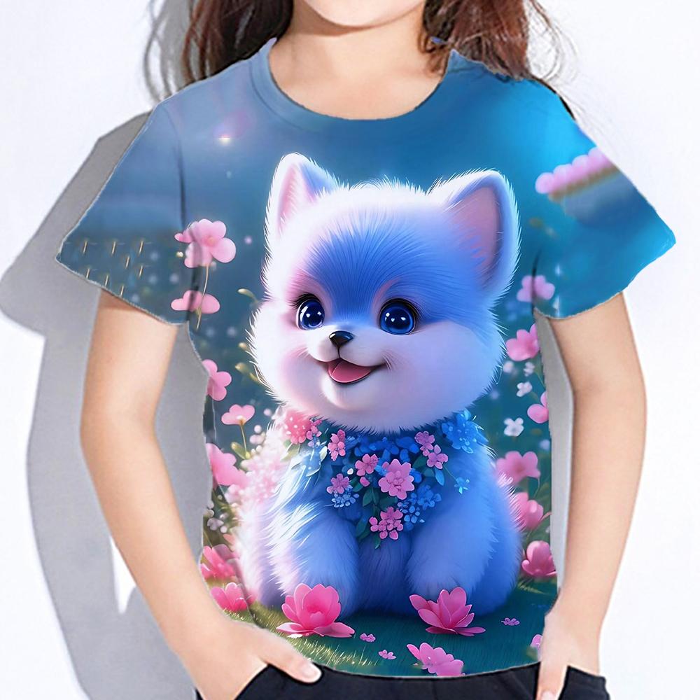 2025 Детская одежда Блузка для девочек Kawaii Cat Girl Футболка с коротким рукавом с принтом Одежда для мальчиков Футболка из полиэстера для девочек Детская футболка