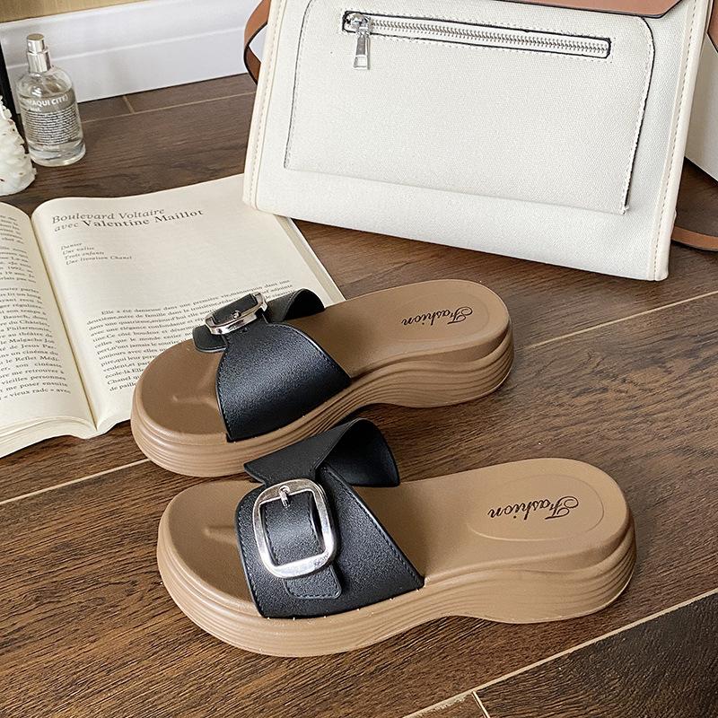 Женские модные шлепанцы с пряжкой, на танкетке, на платформе, обувь, удобные пляжные туфли, тапочки