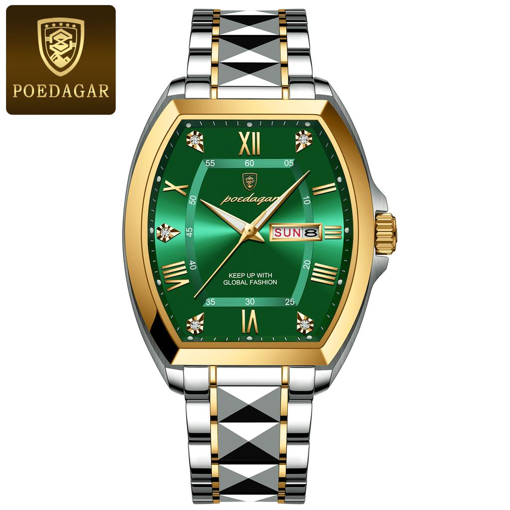 POEDAGAR Luxury Stainless Steel Watches for Man Luminous Waterproof Date Week Men Watch Tonneau Case Men's Quartz Watches