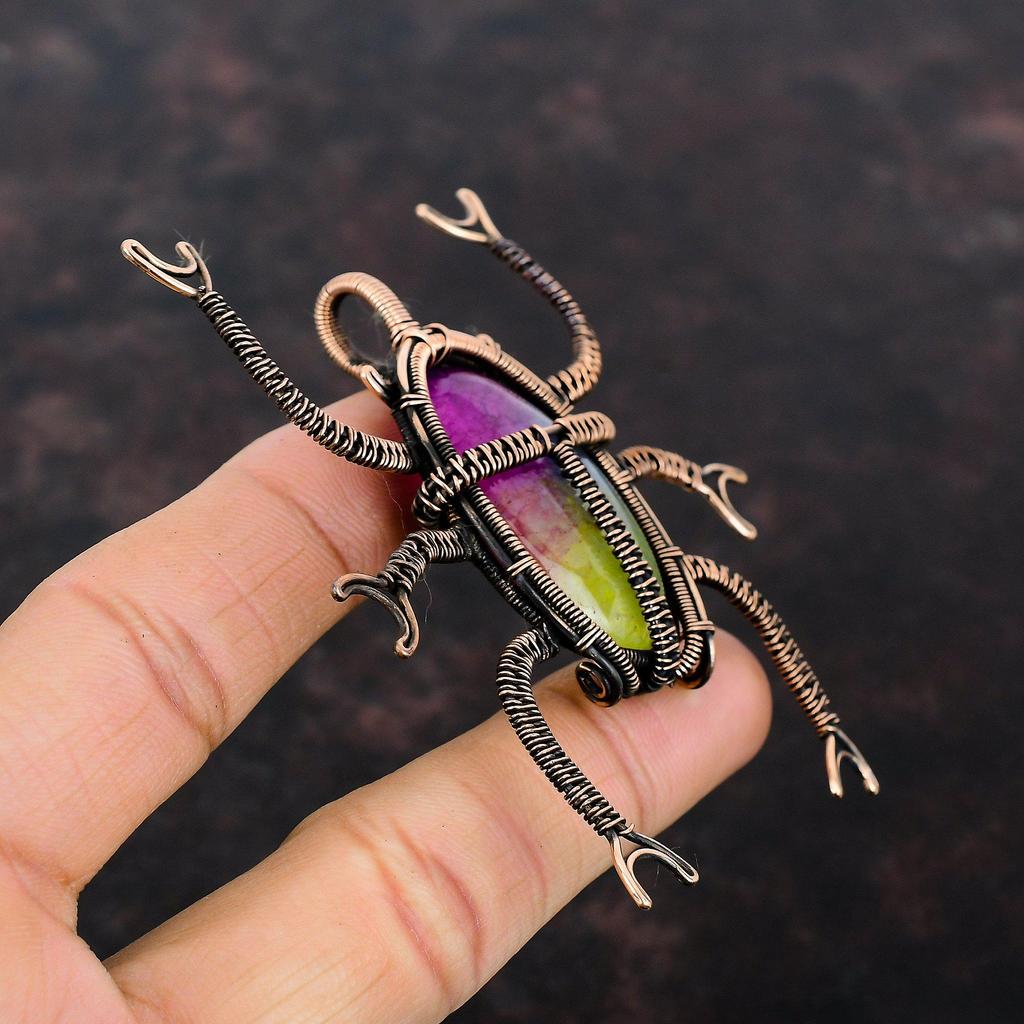 Радужный солнечный кварцевый кулон с друзами, медная проволока, обернутая ювелирными изделиями, кулон с жуком, кулон из медной проволоки, ювелирные изделия ручной работы, кулон с драгоценным камнем для подарка