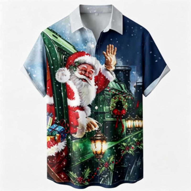 Men's short sleeved shirt Christmas train Santa Claus printed short sleeved shirt Business casual men's holiday painted printed